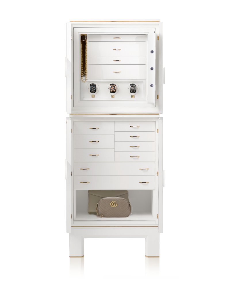 ARMOURED JEWELRY ARMOIRE IN POLISHED WHITE BIRD'S EYE MAPLE.